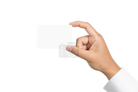 Businessman holding empty white card for your information isolated on white background include clipping path. Concept of business, branding and finance