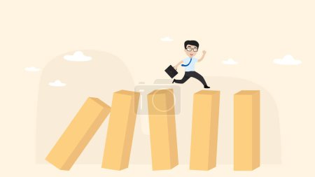 Illustration for Businessmen runing away on the collapsed dominoes. Business vector illustrations - Royalty Free Image