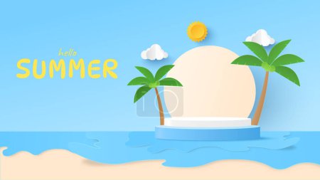 Illustration for Summertime with podium platform to show product. Tropical nature beach in summer with coconut tree - Royalty Free Image