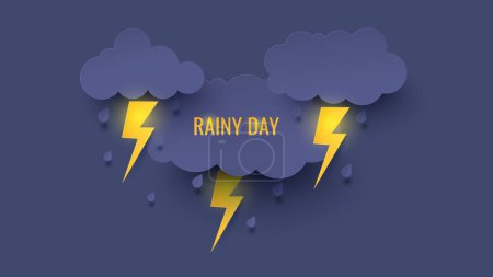 Ilustración de Nube y perno con lluvia sobre fondo oscuro. Corte de papel e ilustración de estilo artesanal. Concepto lluvioso - Imagen libre de derechos