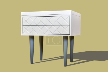 White bedside table with milled facades in shape of rhombs isolated on yellow background. Modern domestic furniture with stylish design for bedroom