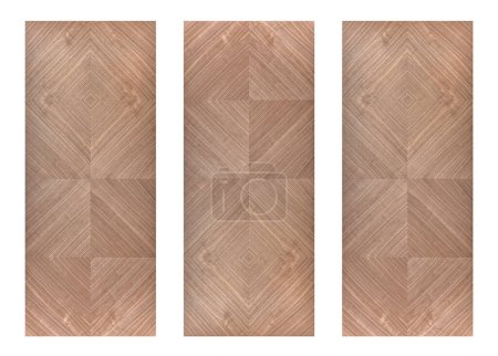 Wall panels of walnut veneer with geometric rhombic pattern isolated on white background
