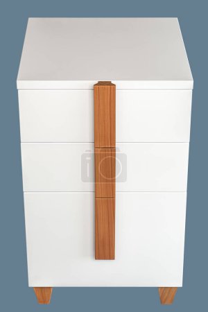 Minimalist white office chest of drawers with natural wooden brown handles and legs isolated on blue background. Stylish furniture model