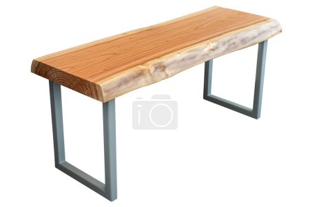 Bench with live edge wood top and gray metal legs in simple modern design isolated on a white background