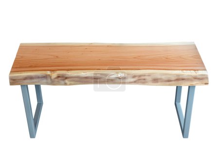Bench with live edge wood top and gray metal legs in simple modern design isolated on a white background