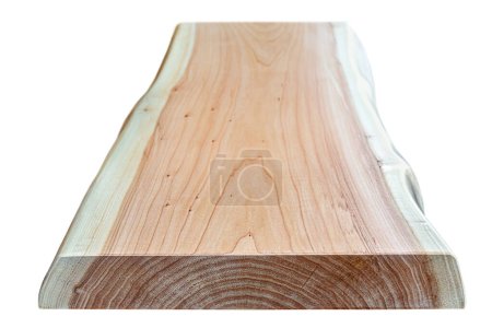 Live edge wooden board with beautiful grain and knots isolated on white background. Perspective view