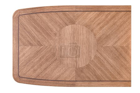 Wooden dining table top crafted from solid oak and oak veneer of marquetry technique with clear varnish finish isolated on white background