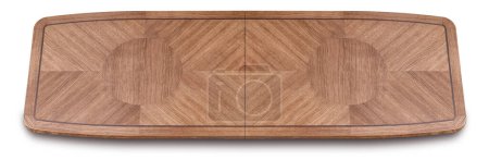 Big wooden dining table top crafted from solid oak and oak veneer of marquetry technique with clear varnish finish isolated on white background