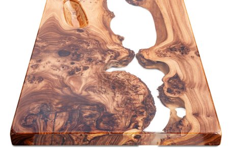 Live edge elm burl slab table top with central epoxy resin river on white background, combining natural wood with a synthetic material