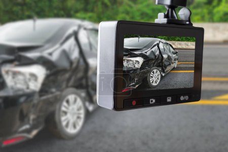Téléchargez les photos : Caméra CCTV enregistreur vidéo de voiture avec accident de voiture sur la route - en image libre de droit