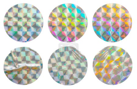 Photo for Blank round adhesive holographic foil sticker label set isolated on white background - Royalty Free Image