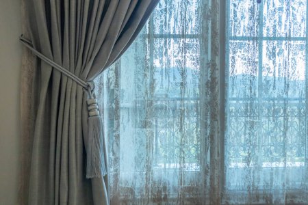 Foto de Cortina ventana decoración interior en la sala de estar - Imagen libre de derechos