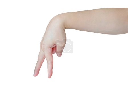Frau Hand Fuß Geste isoliert auf weißem Hintergrund