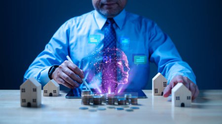 AI, decisions in banking. Banker, aided by AI technology, serves as a proficient manager, utilizing artificial intelligence for advanced loan analysis to make informed financial decisions in banking