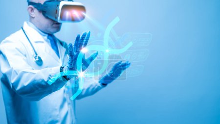 Un médico con una bata de laboratorio blanca está usando un auricular de realidad virtual para ver una imagen 3D de una célula, CRISPR-Cas9, ADN