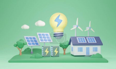 Saubere Energie für Privathaushalte, 3D-Illustrationskonzept. Erneuerbare Stromquelle für Eigenheime, die durch Sonnenkollektoren und Windkraftanlagen erzeugt wird. Effiziente Energiespeicherung in Batterien.