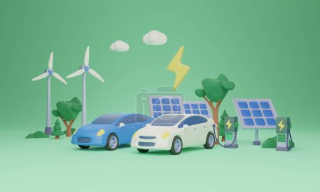 Ladestation für Elektrofahrzeuge, 3D-Illustration. Erneuerbare und saubere Energiequellen. Elektroautos laden die Batterie aus der Stromversorgung. Grünes, nachhaltiges und effizientes Transportsystem.