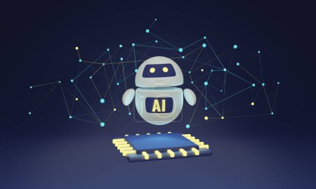 KI Cyberspace Roboter, 3D Illustrationskonzept. Abstrakte Netzwerkverbindung und elektronischer Prozessor. Künstliche Intelligenz Chat-Bot lernen und kommunizieren. Futuristische neuronale Netzwerktechnologie.