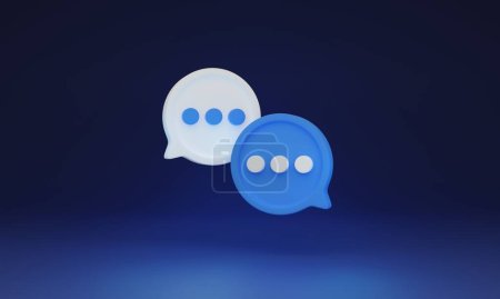 Foto de Speech bubble chat concept on a dark background, 3D illustration. Simple, realistic design with dots symbolizing a message, online communication and networking. Chat GPT commenting, or giving feedback - Imagen libre de derechos