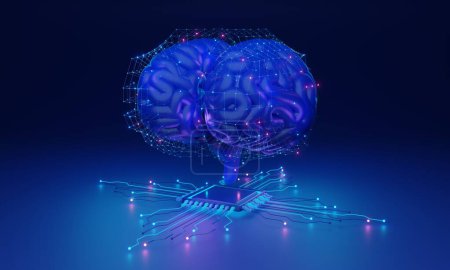Foto de AI of the future, smart and glowing cyberspace cyborg brain, 3D illustration concept. Deep neural networks and advanced machine learning algorithms running on advanced chip technology processor. - Imagen libre de derechos