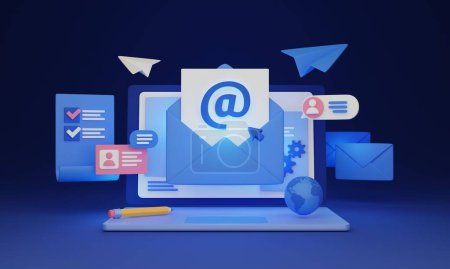 Photo for Email marketing 3D concept. Laptop screen with open envelope on dark blue background. Subscribing to receive newsletters, promotional content, and other forms of advertising through an online platform - Royalty Free Image