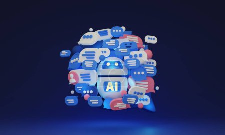 Chat GPT - Future of AI assistants and service robots, 3D illustration. Help and support through natural language processing NLP and smart automation. Using machine learning to understand users input.