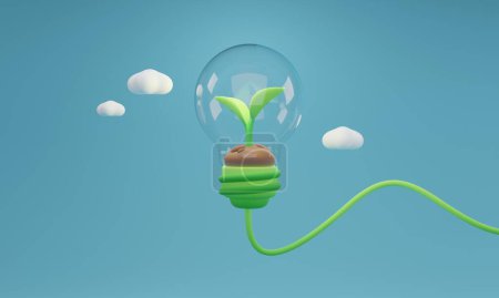 Foto de Concepto de energía verde, ilustración 3D.Bombilla ecológica, solución innovadora a los problemas ambientales relacionados con el consumo de energía.Sostenibilidad y fuentes de energía alternativas para salvar el planeta - Imagen libre de derechos