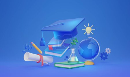 Education concept, 3D illustration. Studying, with the focus on graduation, learning and obtaining a diploma. Journey to gain knowledge through various courses. Achievement of educational goals.