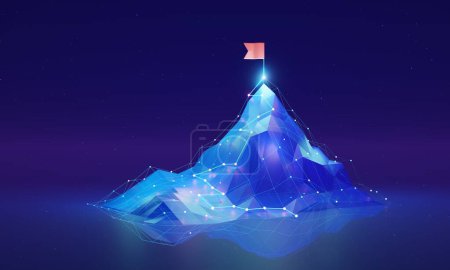 Digital success 3D concept, mountainous terrain with a path leading upward towards a peak, symbolizing the challenges of development and progress. At the top, an achievement flag waves in the air.