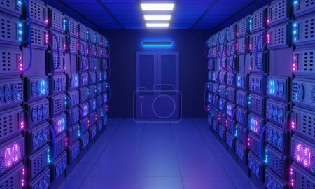 Foto de Ilustración del concepto del centro de datos 3D. Clúster de servidores potentes que trabajan juntos para apoyar y optimizar los procesos tecnológicos y almacenar, administrar y entregar datos procesados de manera eficiente. - Imagen libre de derechos