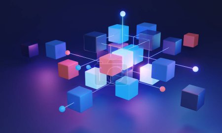 Foto de Concepto 3D descentralizado del sistema blockchain, que utiliza tecnología algorítmica y una red distribuida para agrupar datos de forma segura. Red altamente segura y fiable para el almacenamiento y distribución de datos. - Imagen libre de derechos