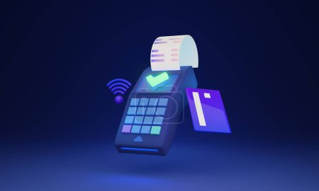 POS terminal concept, 3D illustration. Retail transaction device used for payment processing. Accepting various forms of payment, including credit and debit cards. Objects on a dark blue background.
