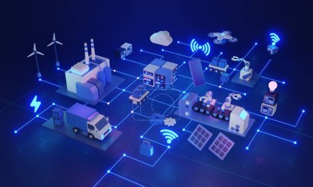 Concepto de ilustración industrial IoT 3D Conectar máquinas, sensores y dispositivos a Internet, creando una red de sistemas inteligentes. Monitorear, analizar y optimizar los procesos en tiempo real.