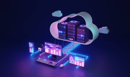 Photo for Cloud computing and database upload center hosting 3D illustration concept. Technology for information file sharing and download. Network connection to hardware rack of servers. Digital cyberspace. - Royalty Free Image