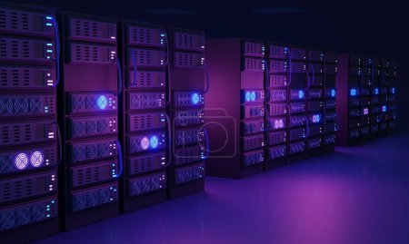 Photo for Data center facility with servers for information storage 3D illustration concept. Hosting uploaded databases with modern technology. Rack hardware with hard drives, processors and powerful tech. - Royalty Free Image
