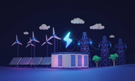Photo for Grid scale energy storage and electricity production 3D illustration concept. Alternative solar panel or wind turbine power as green and nature friendly solution. Battery charge station for backup. - Royalty Free Image