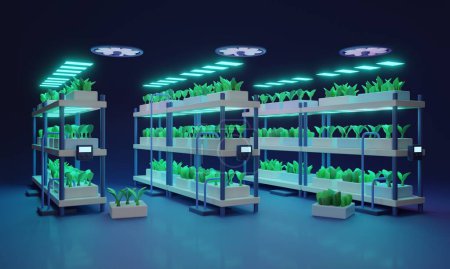 Photo for Vertical farming as indoor growth agriculture system 3D illustration concept. Futuristic greenhouse with plants effective production. Agricultural principles for fast harvest and maximal space usage. - Royalty Free Image