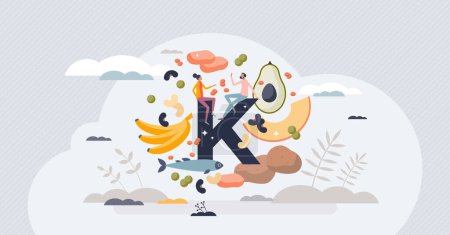 Illustration for Potassium in food as natural mineral source for health tiny person concept. Healthy eating with organic nutrients and vitamins vector illustration. Nutrition rich diet for vegetarian daily lifestyle. - Royalty Free Image