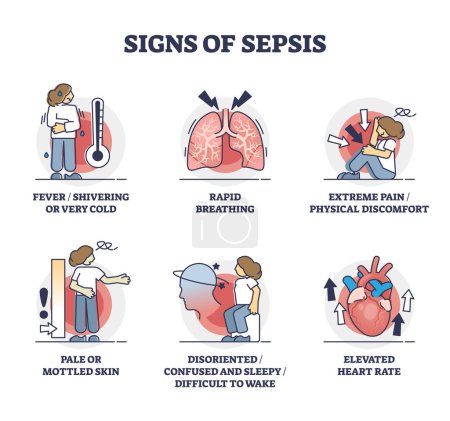 Illustration for Signs of sepsis as infection blood poisoning symptoms outline collection. Labeled educational scheme with condition after heavy injury and bacterial illness vector illustration. Medical condition set. - Royalty Free Image