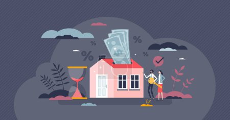 Illustration for House mortgage payments for purchased family real estate tiny person concept. Residential property investment with long term expenses and percentage bill vector illustration. Bank loan to buy new home - Royalty Free Image