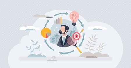 Illustration for Performance management for manager with activity control tiny person concept. Effective and productive work task process for company plan satisfaction vector illustration. Analysis about sales goal. - Royalty Free Image