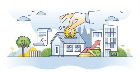 Immobilieninvestitionen mit Hauskauf und Eigentumsübersicht. Vereinbaren Sie mit der Bank den Kauf einer neuen Immobilie im Wohngebiet Vektor Illustration. Vermögens- und Kapitalentwicklung oder Wachstum.