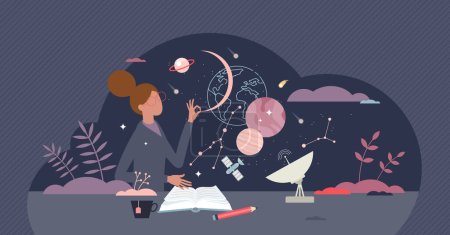 Illustration for Science of astronomy and cosmos or stars laws research tiny person concept. Knowledge about galaxy and planetary celestial objects vector illustration. Scientist with knowledge or scientific education - Royalty Free Image