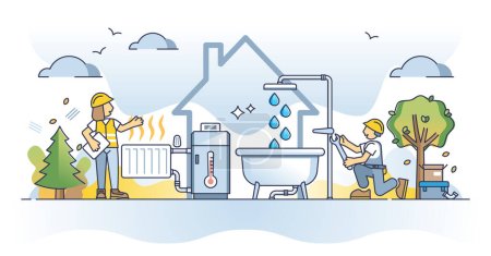 Illustration for Plumbing and heating service for central boiler system outline concept. Hot water heating boiler maintenance or installation for winter season vector illustration. Thermal radiator for climate control - Royalty Free Image