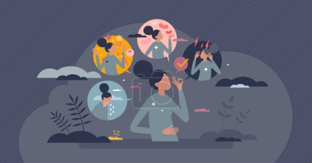 Illustration for Mood changes and various feelings as bipolar emotion disorder tiny person concept. Psychological unstable behavior and thinking from sad to happy vector illustration. Change mental behaviour instantly - Royalty Free Image