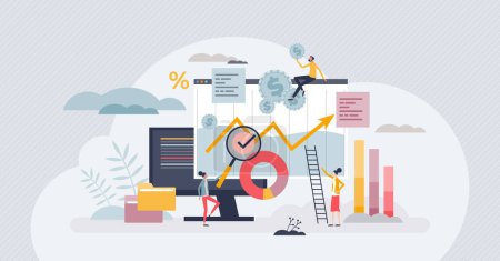 Illustration for Financial modeling as assets or value data representation tiny person concept. Market analysis with statistical or mathematical calculations vector illustration. Analyzing global market performance. - Royalty Free Image