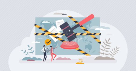 Illustration for Sanctions and economic or political export prohibition tiny person concept. Conflict punishment with international business restriction and deal rejection vector illustration. State regulation and ban - Royalty Free Image