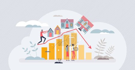 Illustration for Housing market crash with price drop and decline in home sales tiny person concept. Real estate property purchase recession and value collapse vector illustration. Economy recession and drop forecast. - Royalty Free Image