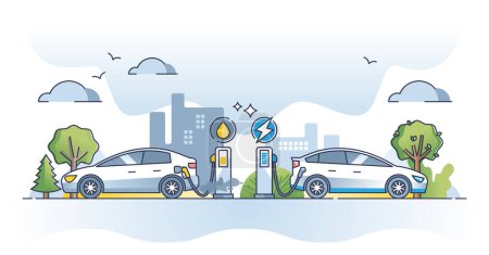 Illustration for Gasoline vs electric car with different energy sources usage outline concept. Fossil fuel and oil versus battery charged automobile as ecological choice for environmental future vector illustration. - Royalty Free Image