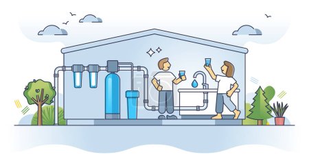 Illustration for Water purification filters and system for drinking from tap outline concept. Home plumbing installation for dirty elements filtering and safe purified drinkable water consumption vector illustration. - Royalty Free Image